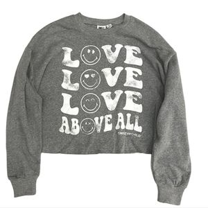 Smiley World Love Above All Cropped Sweatshirt Gray Oversized